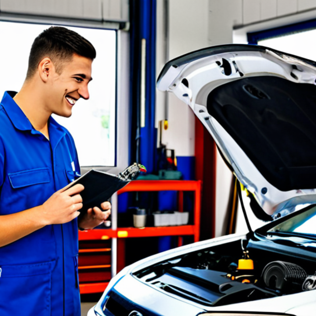 자동차정비사 경력 개발 로드맵 - **Prompt:** A young, smiling apprentice mechanic in a clean, well-lit Italian auto repair shop, full...