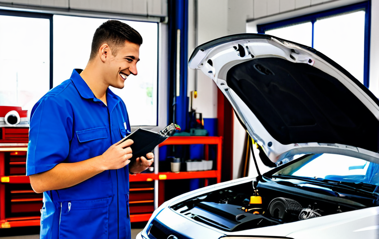 자동차정비사 경력 개발 로드맵 - **Prompt:** A young, smiling apprentice mechanic in a clean, well-lit Italian auto repair shop, full...