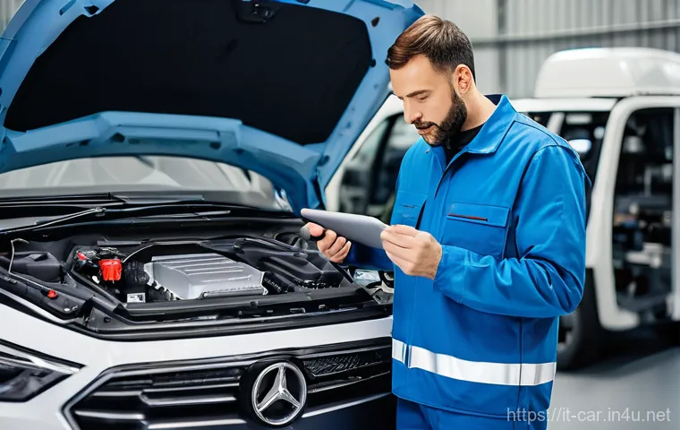자동차정비 자격증 취득 후 진로 - **Prompt:** A skilled Italian mechatronic technician, approximately 30-40 years old, wearing clean b...
