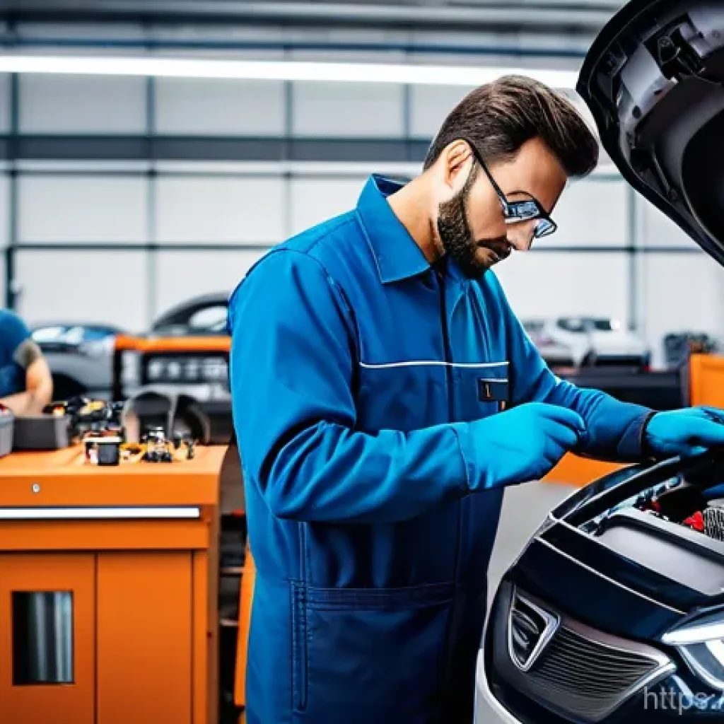 자동차정비사로서 전기차 정비 기술 배우기 - A skilled Italian automotive technician, wearing a clean, professional workshop uniform, diligently ...