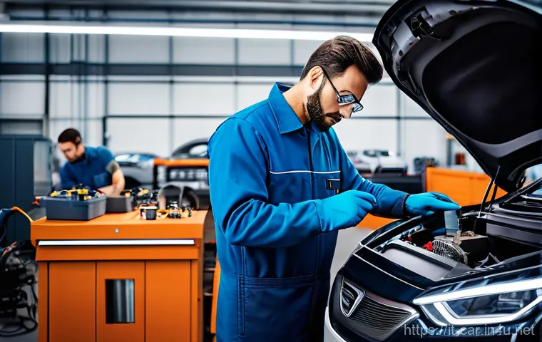 자동차정비사로서 전기차 정비 기술 배우기 - A skilled Italian automotive technician, wearing a clean, professional workshop uniform, diligently ...