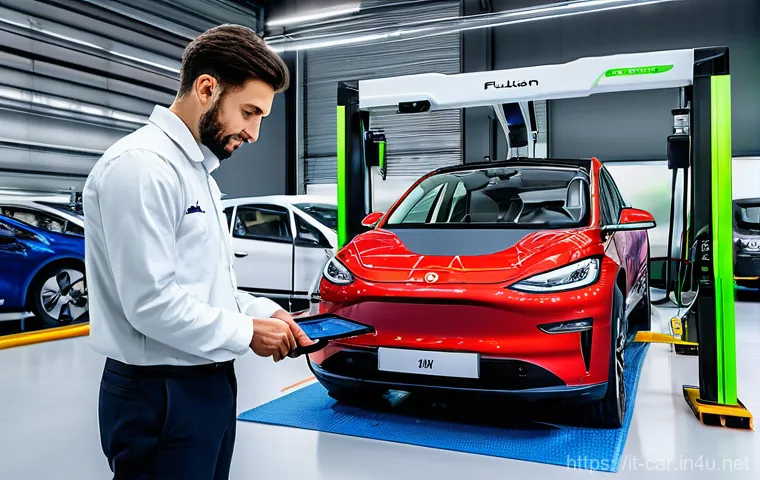 자동차정비사로서 전기차 정비 기술 배우기 - A male and female Italian automotive technician, both wearing full safety Personal Protective Equipm...