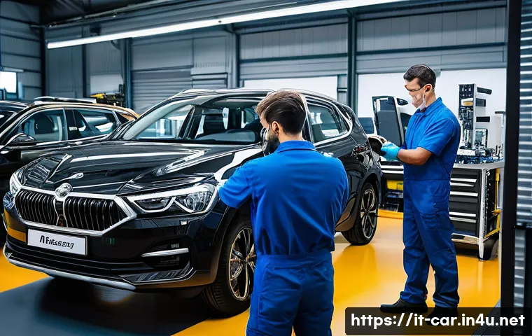 자동차정비사 근무 환경과 장단점 - A busy Italian automotive workshop interior during a sunny day, showing a diverse team of skilled me...