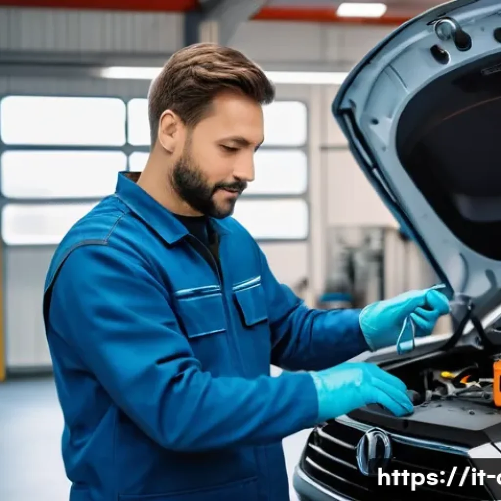 자동차정비사의 커리어 패스 - A modern automotive mechanic workshop scene in Italy, featuring a skilled male mechanic wearing clea...