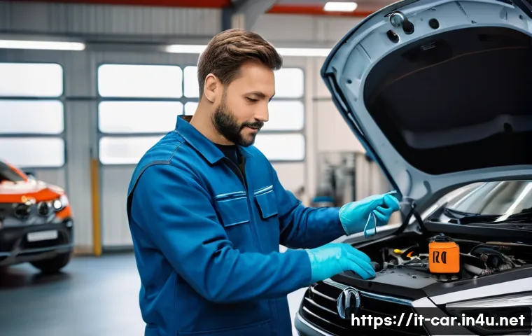 자동차정비사의 커리어 패스 - A modern automotive mechanic workshop scene in Italy, featuring a skilled male mechanic wearing clea...