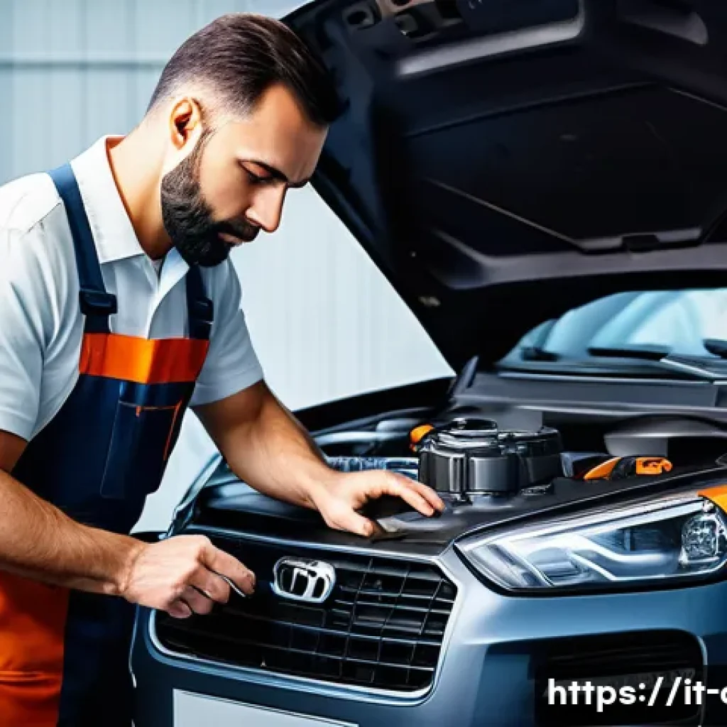 자동차정비 실무 경험담 공유 - A professional Italian automotive mechanic in a modern garage carefully diagnosing a car engine, usi...