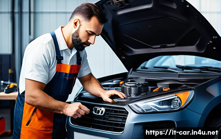 자동차정비 실무 경험담 공유 - A professional Italian automotive mechanic in a modern garage carefully diagnosing a car engine, usi...
