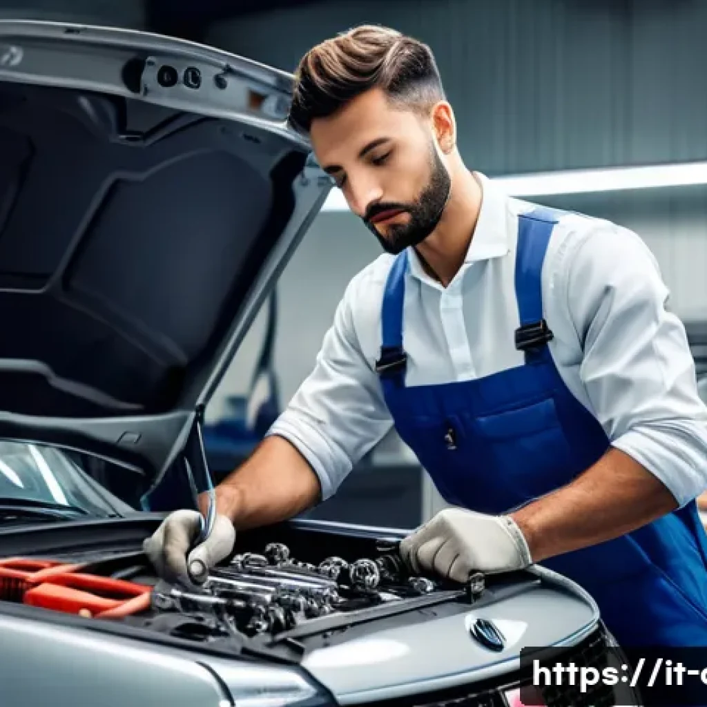 자동차정비 자격증을 위한 모의고사 준비 - A realistic automotive workshop scene featuring a young Italian mechanic in professional workwear, u...