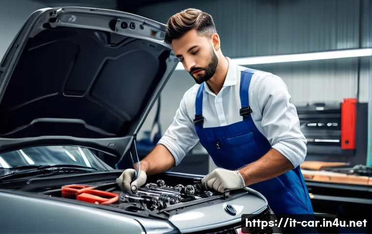 자동차정비 자격증을 위한 모의고사 준비 - A realistic automotive workshop scene featuring a young Italian mechanic in professional workwear, u...