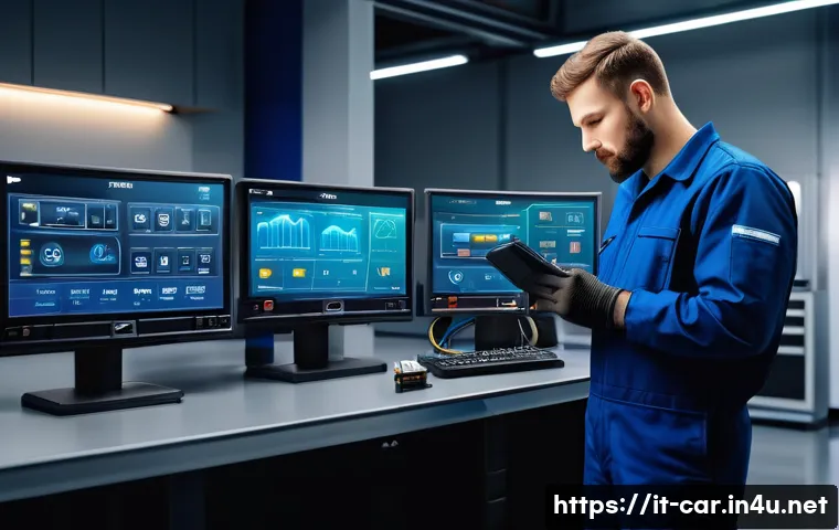 자동차정비 실무에 필요한 디지털 도구 - A modern automotive workshop interior featuring a mechanic using an advanced OBD-II scanner connecte...