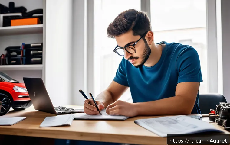 자동차정비 이론 공부 효율적으로 하는 방법 - A young Italian man studying car mechanics at home, sitting at a desk with a flexible yet structured...
