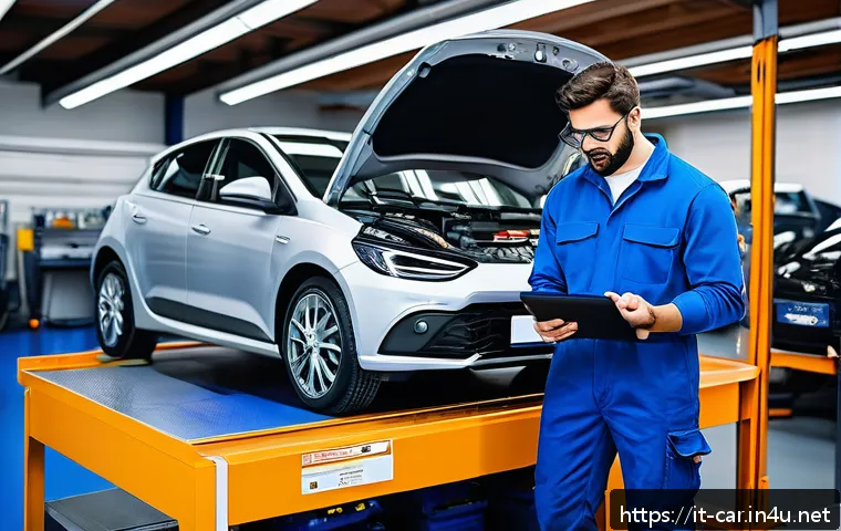 자동차정비 자격증을 취득해야 하는 이유 - A modern Italian automotive mechanic workshop scene showing a certified mechanic in branded overalls...