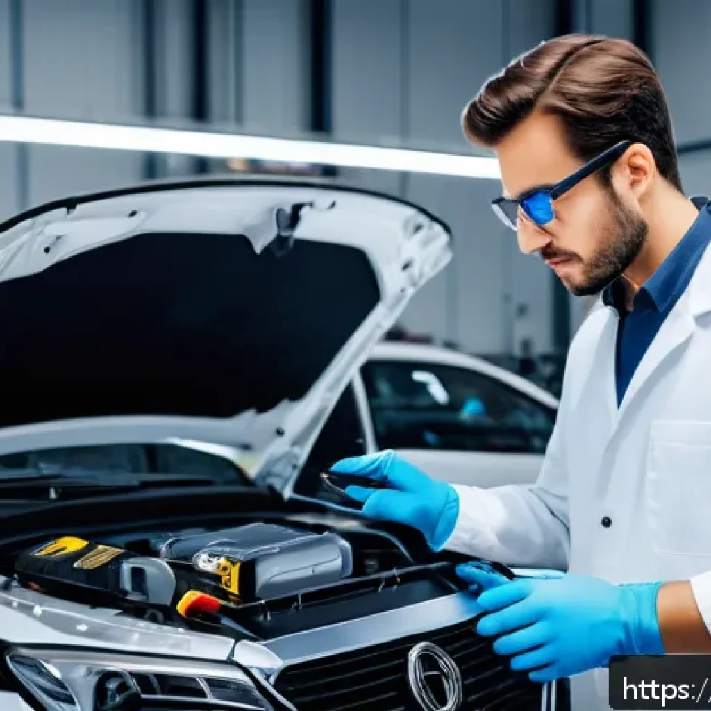 자동차정비사 필수 장비 구입 가이드 - A modern automotive workshop scene focused on a mechanic using a high-tech wireless OBD-II scanner c...
