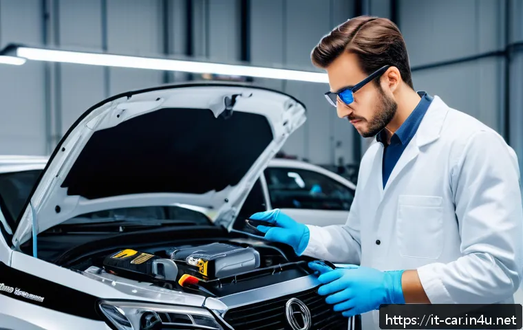 자동차정비사 필수 장비 구입 가이드 - A modern automotive workshop scene focused on a mechanic using a high-tech wireless OBD-II scanner c...