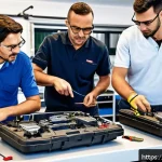 자동차정비 자격증 취득 비용과 예상 투자 시간 - A professional automotive mechanic training classroom in Italy, featuring adult students wearing cas...