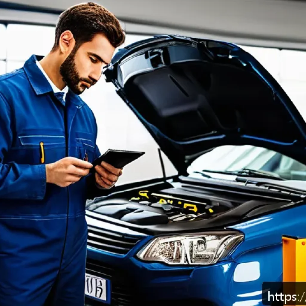자동차정비 산업기사 실기 시험 대비 - A detailed workshop scene showing an Italian automotive technician in professional attire carefully ...