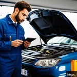 자동차정비 산업기사 실기 시험 대비 - A detailed workshop scene showing an Italian automotive technician in professional attire carefully ...