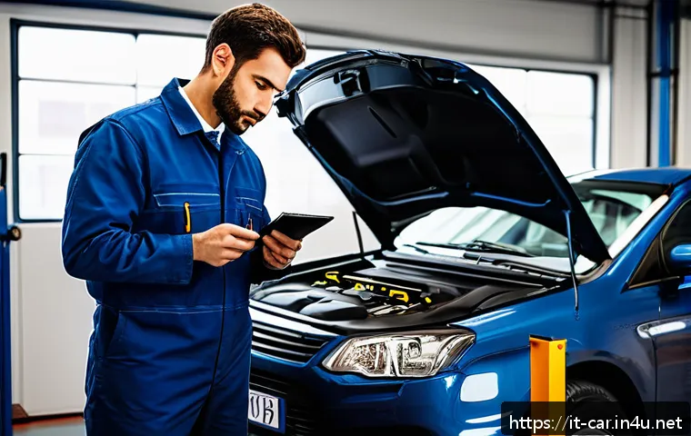 자동차정비 산업기사 실기 시험 대비 - A detailed workshop scene showing an Italian automotive technician in professional attire carefully ...