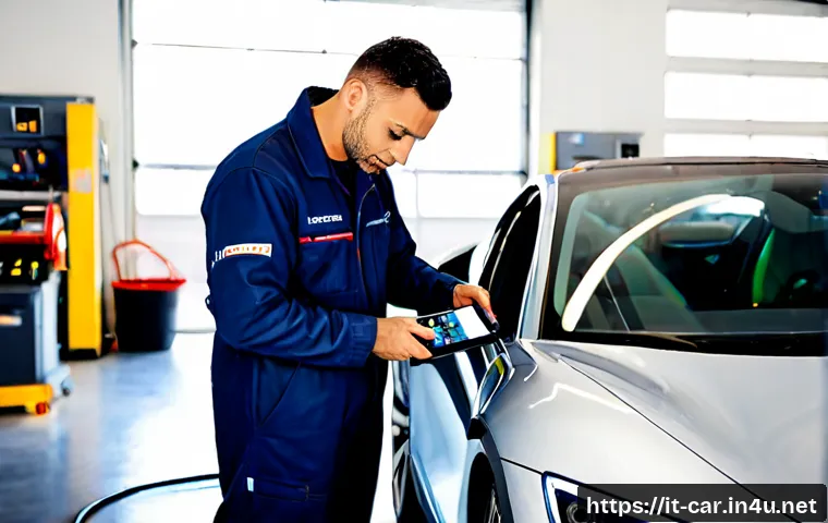 자동차정비사가 알아야 할 최신 기술 트렌드 - Photorealistic modern Italian automotive workshop, experienced mechanic in clean navy coveralls usin...