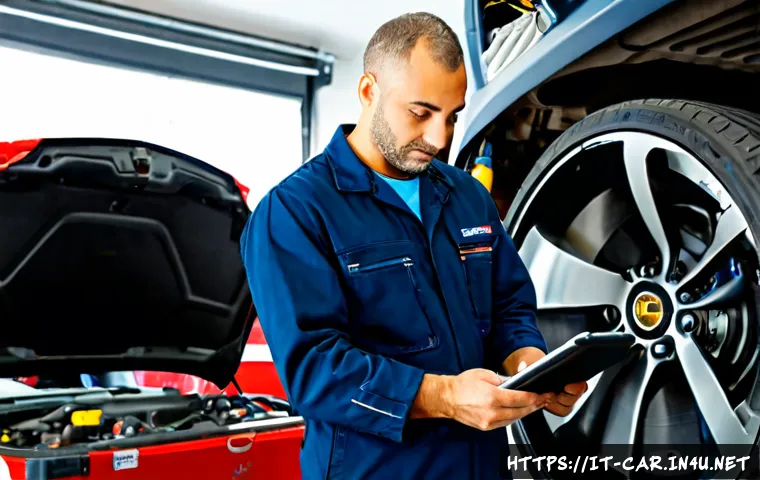 자동차정비사 자격증 국제 인증 가능 여부 - Photorealistic Italian automotive technician in clean navy coveralls inspecting a modern European ca...