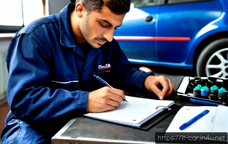 자동차정비 실무 일지 작성법 - Photorealistic Italian automotive workshop scene, experienced mechanic in clean navy coveralls seate...